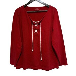 Talbots Top Womens 2X Red Cotton Nautical Rope Lace Up 3/4 Sleeve TShirt